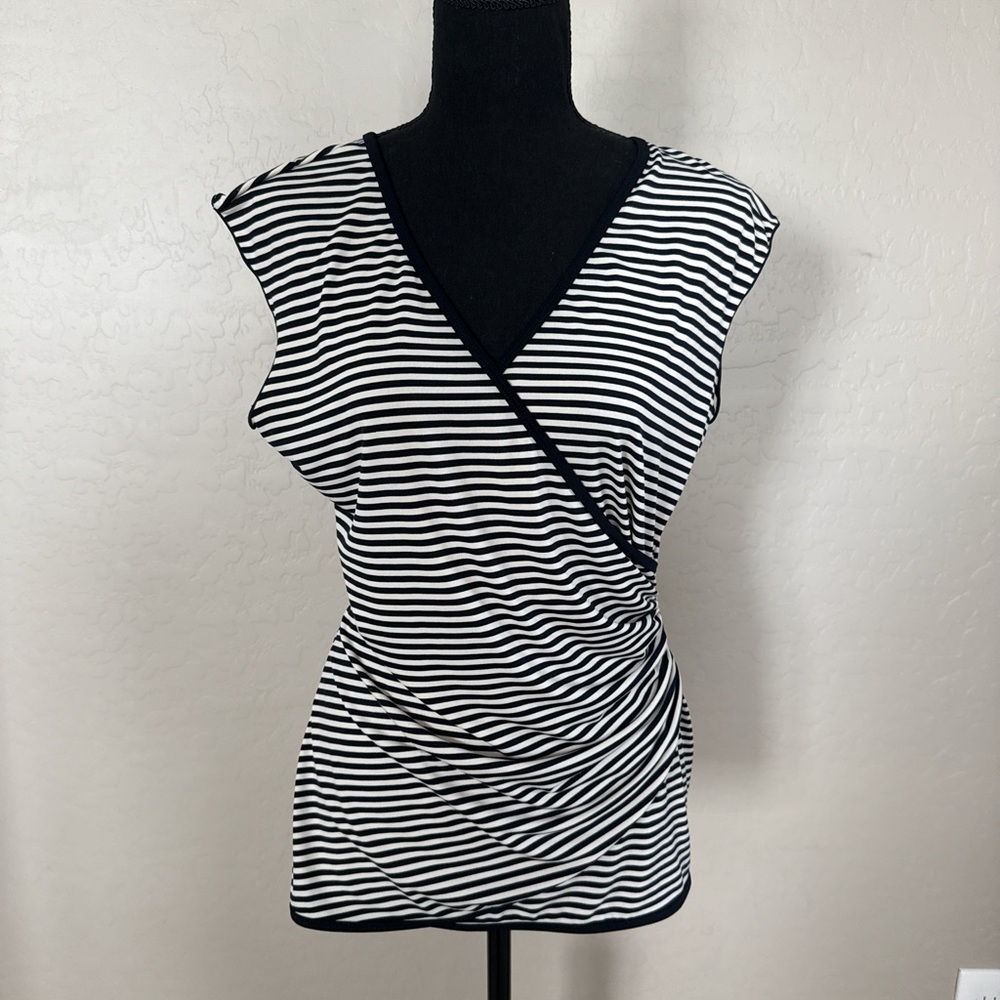 Max Studio Black and White Striped Wrap Blouse